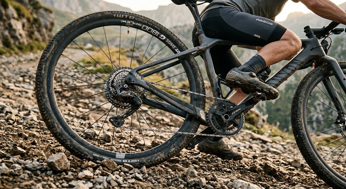 Close-up of a gravel bike drivetrain and tyre tread on a rocky, unstable surface, capturing the texture of the loose stone and the engineering of the frame.