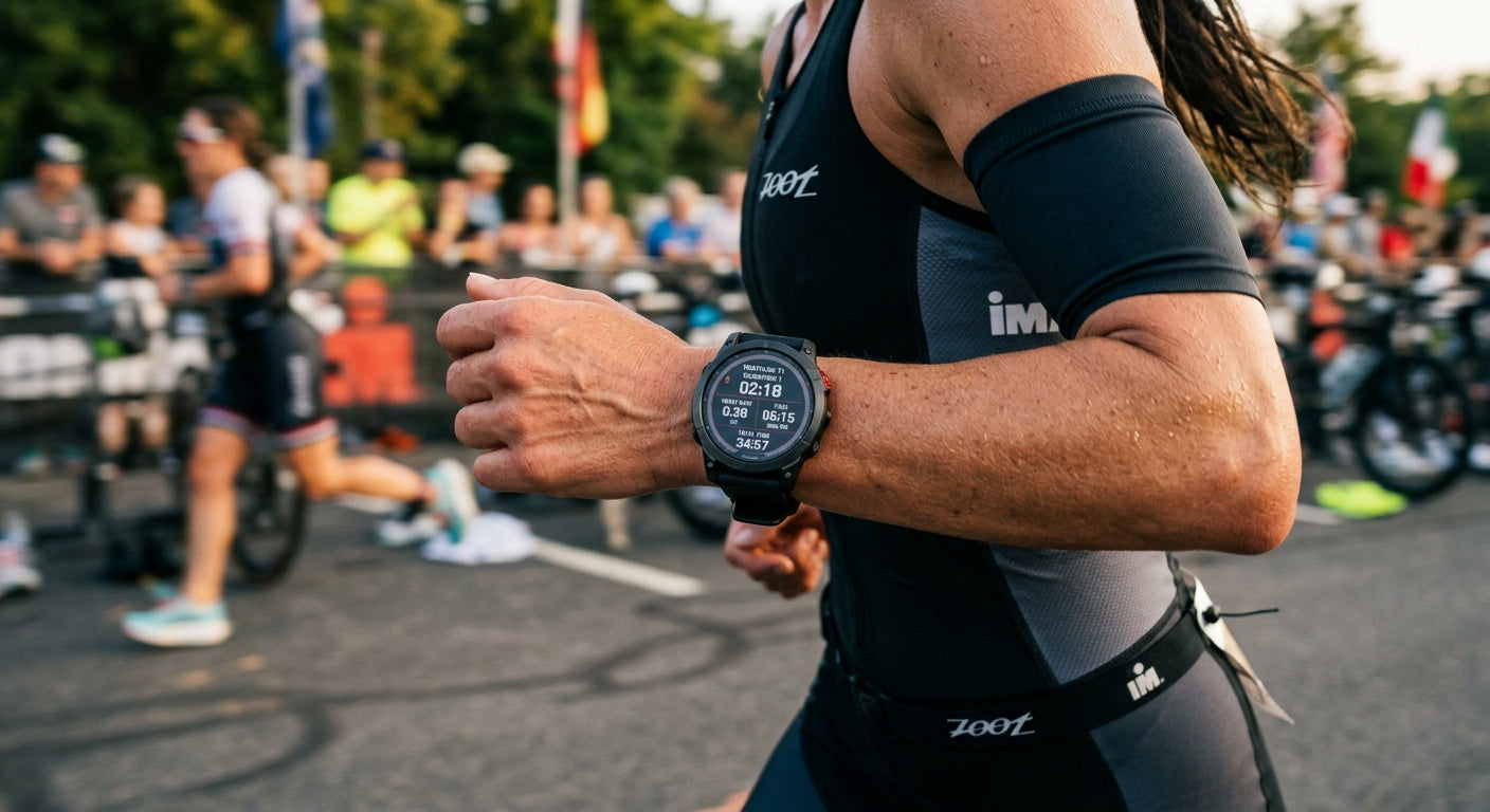 Close-up of a high-end Garmin multisport watch displaying transition data on a runner's wrist with motion blur in the background.