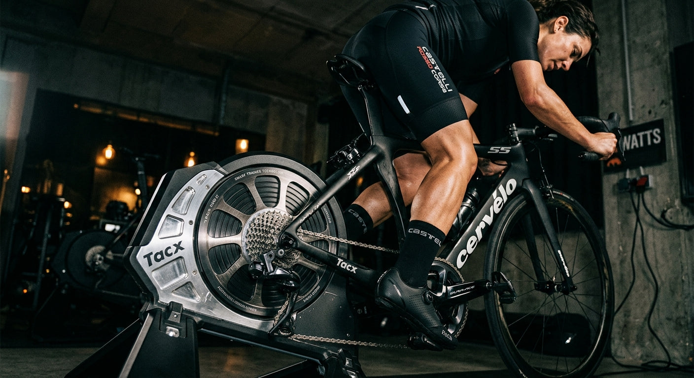 Close-up of a high-end smart trainer flywheel showing metallic textures and professional engineering in a moody, cinematic setting.