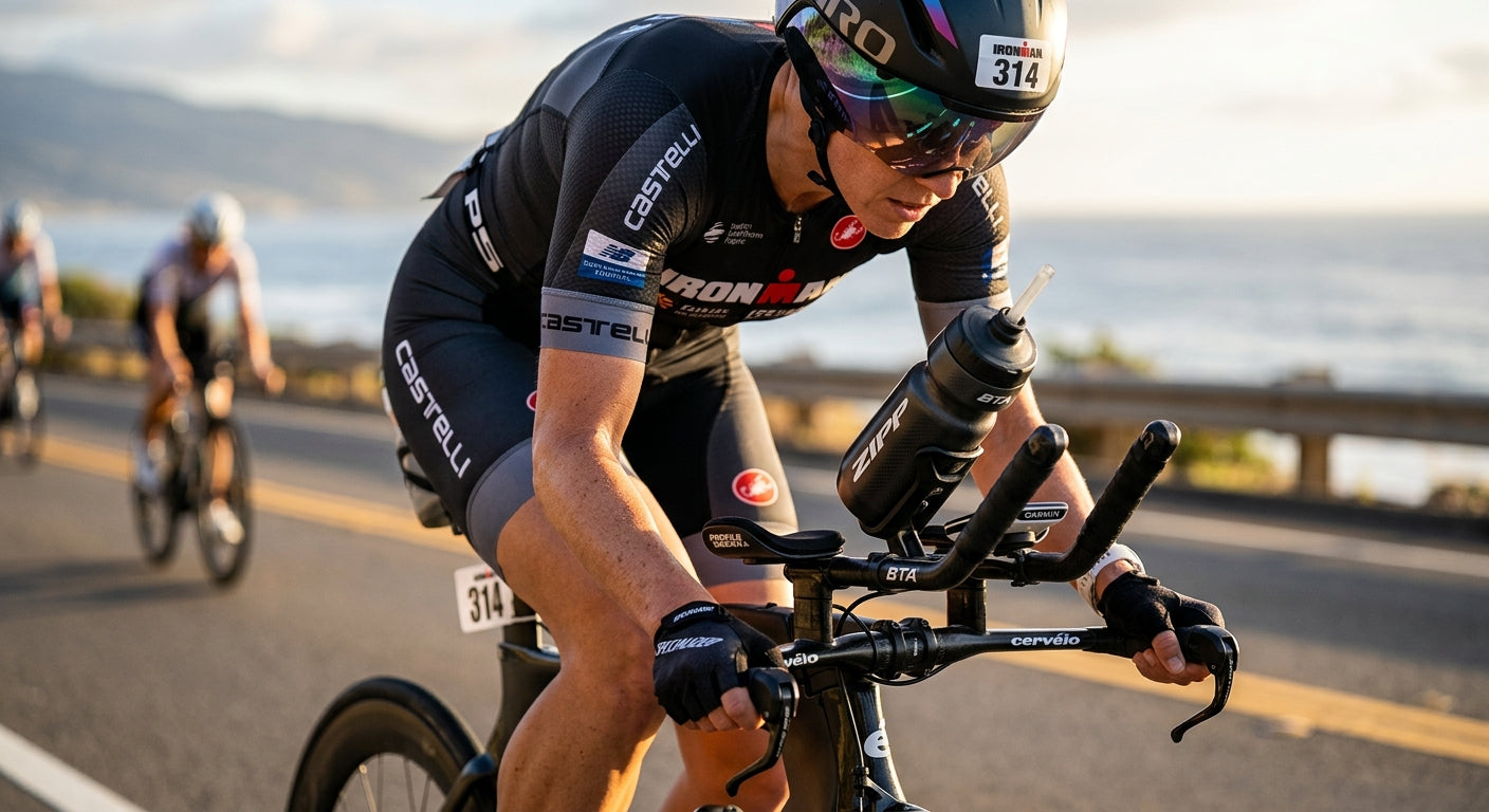 Close-up of a high-end triathlon bike cockpit featuring a sleek Between-The-Arms (BTA) hydration system with sharp focus and cinematic lighting.
