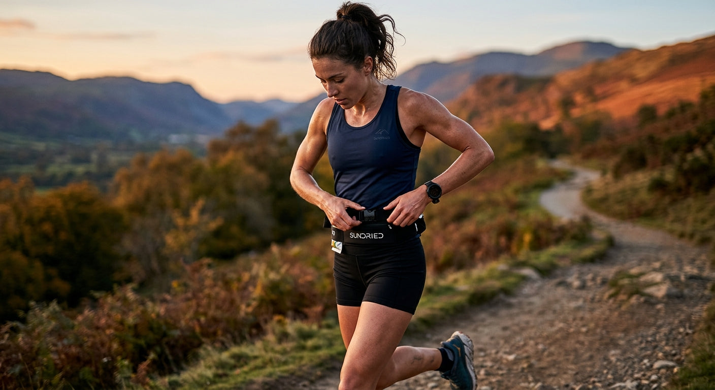 Close-up of a high-performance athlete adjusting a sleek, ergonomic Sundried race belt during a long-distance training run at dusk.