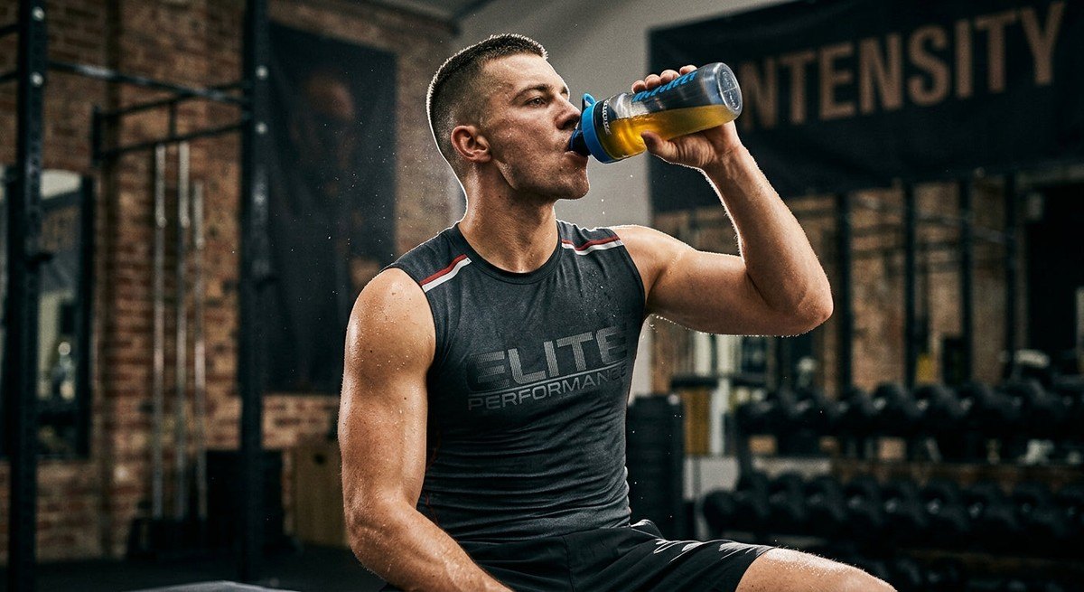 Close-up of a high-performance athlete drinking an electrolyte solution with intense focus and sharp textures.