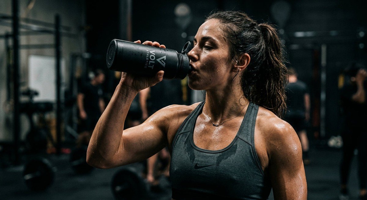 Close-up of a high-performance athlete drinking from a water bottle after a workout with dramatic moody lighting and sharp textural details.