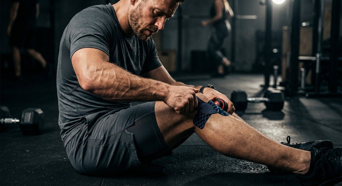 Close-up of a high-performance athlete focusing on tendon recovery during a rigorous training session with cinematic contrast.