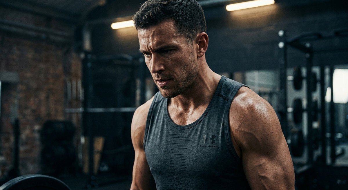 Close-up of a high-performance athlete in a focused state, muscles tensed, captured in a moody and cinematic sports photography style.