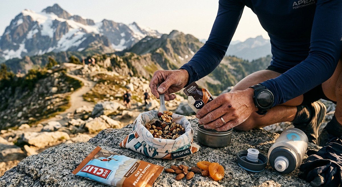 Close-up of a high-performance athlete's hands preparing organic whole food snacks and engineered energy gels on a mountain trail.