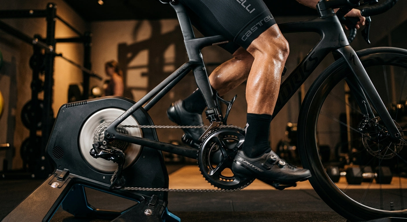 Close-up of a high-performance bicycle drivetrain, focusing on the mechanics and motion blur to signify intense indoor effort.