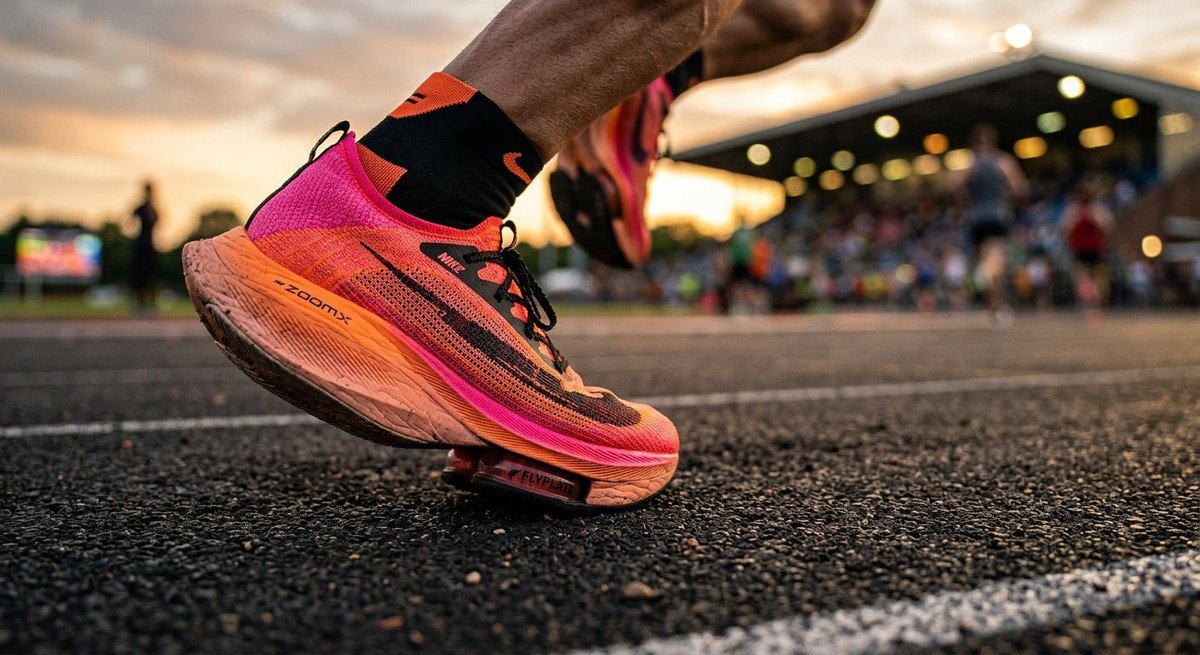 Close-up of a high-performance carbon-plated running shoe with sharp, realistic textures and cinematic lighting.