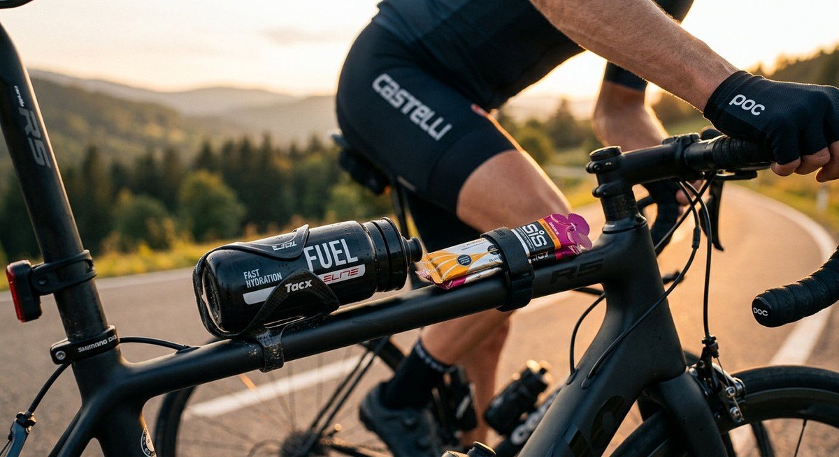 Close up of a high-performance cycling water bottle and energy gels mounted on a carbon fibre road bike frame.