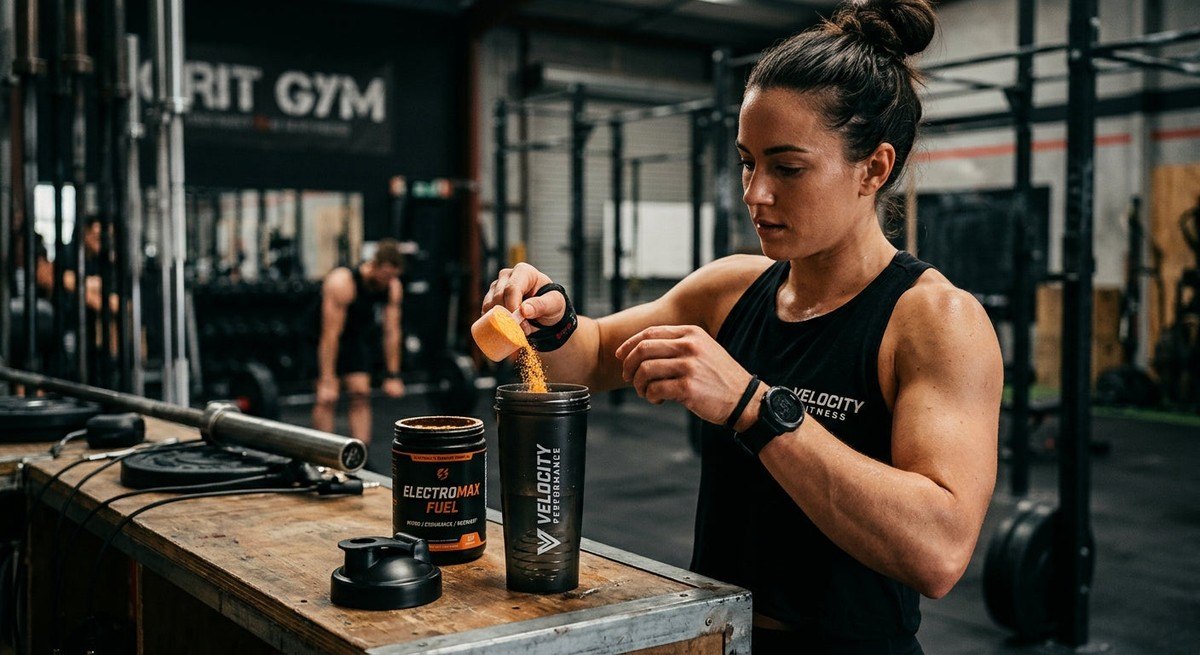 Close-up of a high-performance electrolyte drink being prepared in a professional gym setting with sharp focus and cinematic textures.