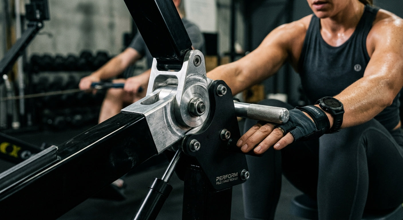 Close-up of a high-performance frame hinge mechanism, highlighting the ergonomic design and technical build quality for fitness enthusiasts.