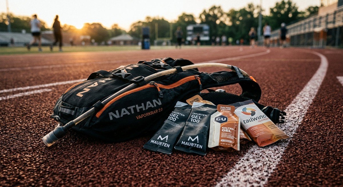 Close-up of a high-performance hydration pack and energy gels laid out on a professional running track, captured with sharp, cinematic focus, moody shadows, and realistic textures of athletic gear.