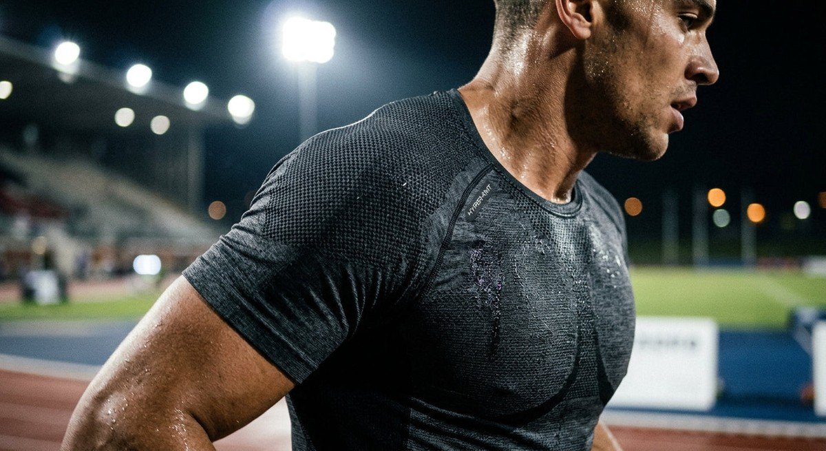 Close-up of a high-performance, moisture-wicking athletic fabric showing realistic textures and sweat-wicking properties under intense stadium lighting.