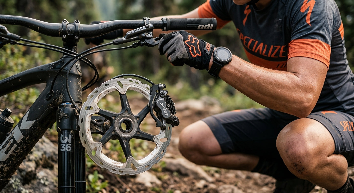 Close-up of a high-performance mountain bike disc brake system, capturing sharp metallic textures and fine details.