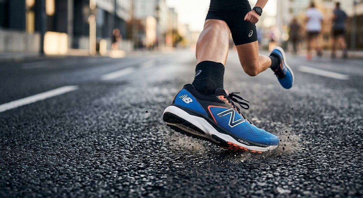 Close-up of a high-performance running shoe hitting the pavement with sharp texture details and high-speed action photography.