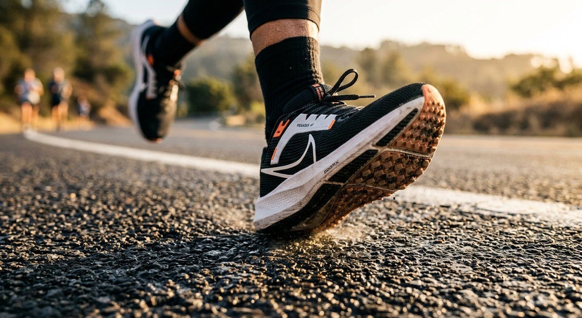 Close-up of a high-performance running shoe hitting the pavement with sharp detail and realistic textures of the sole and road surface.