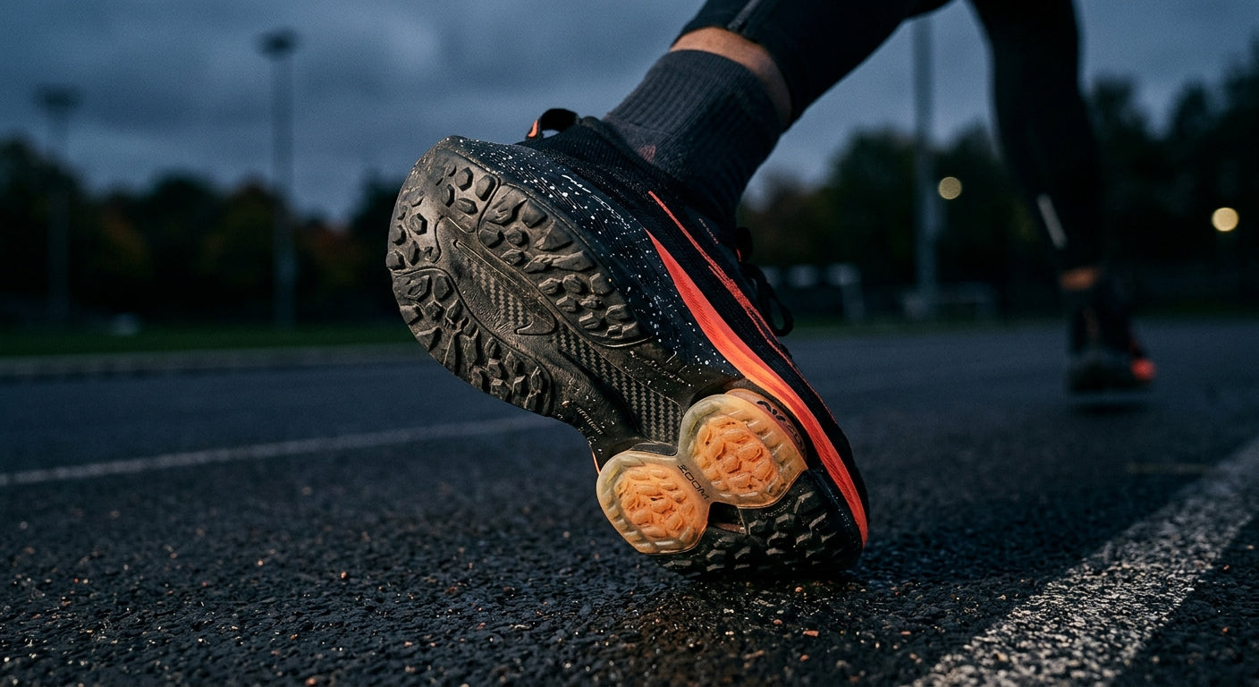 Close-up of a high-performance running shoe sole, showcasing detailed tread patterns and material textures with sharp focus and moody contrast.