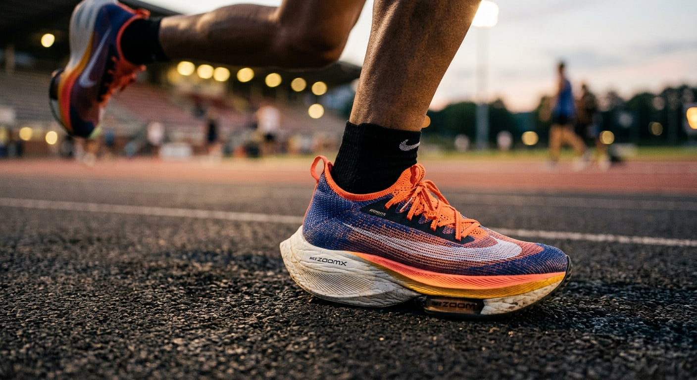 Close-up of a high-performance running shoe texture showing advanced mesh material and foam midsole detail.