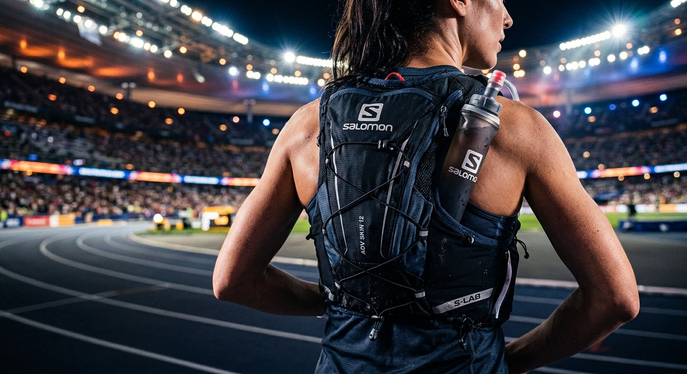 Close-up of a high-performance running vest and hydration system against a backdrop of cinematic stadium lighting