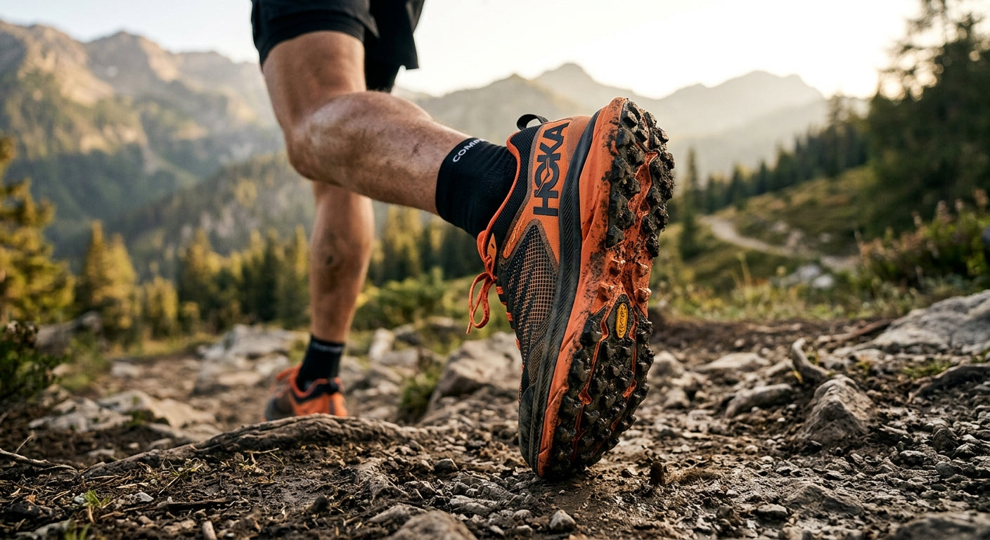 Close-up of a high-performance trail shoe featuring aggressive rubber lugs and durable mesh upper, sharp focus on texture.