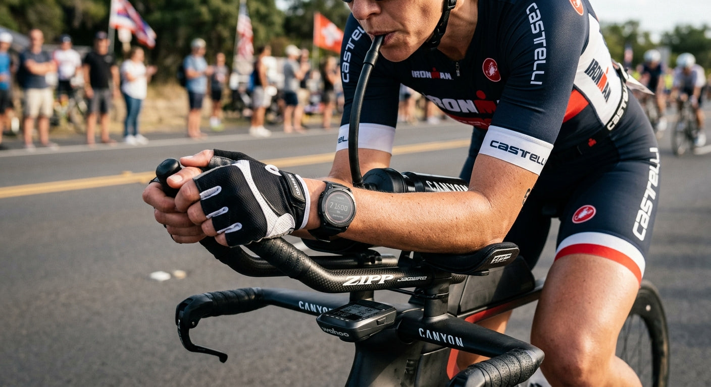 Close-up of a high-performance triathlon cockpit with a between-the-arms hydration straw, capturing the fine texture and sharp details of the carbon fibre construction.