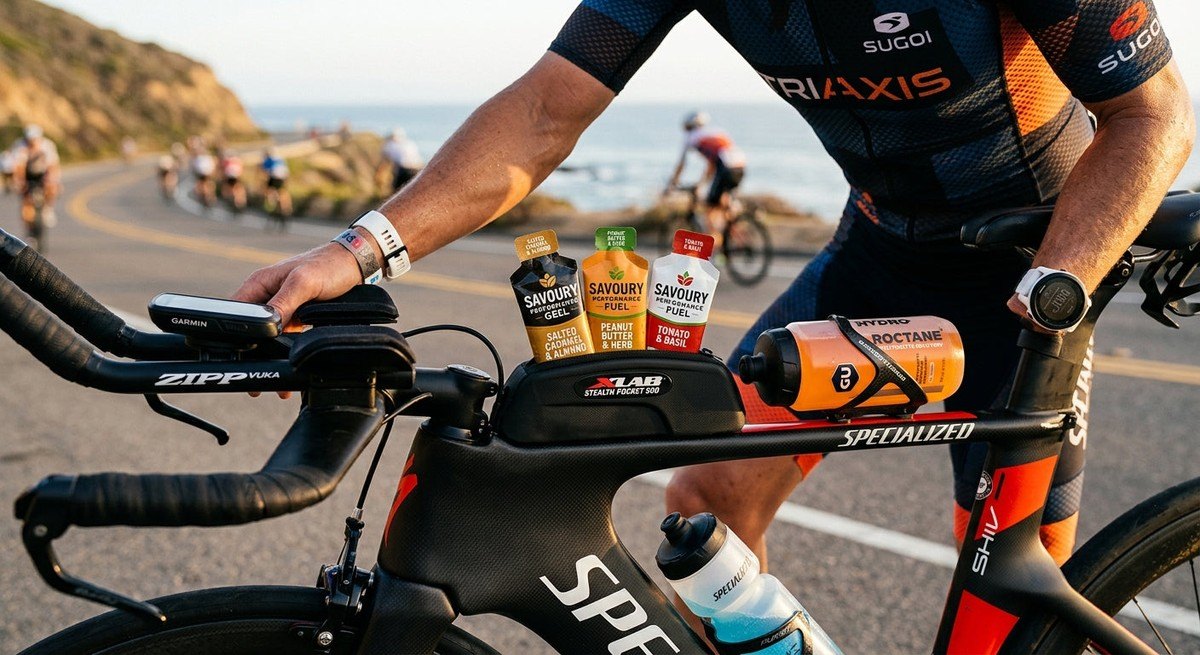 Close-up of a high-performance triathlon nutrition setup featuring savoury gels and electrolyte drinks on a sleek carbon fibre bike frame.