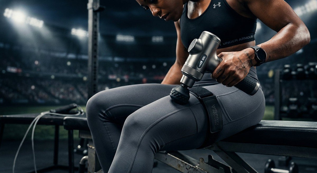Close-up of a high-speed athletic recovery device showing sharp details of the metallic interface and textured fabric under dramatic stadium spotlighting.