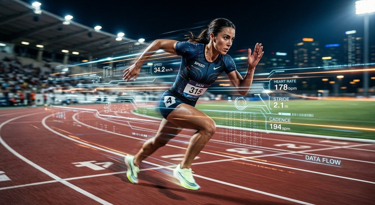Close-up of a high-speed athletic runner on a track, captured with dramatic motion blur and sharp contrast, symbolising the intersection of human movement and digital data streams.