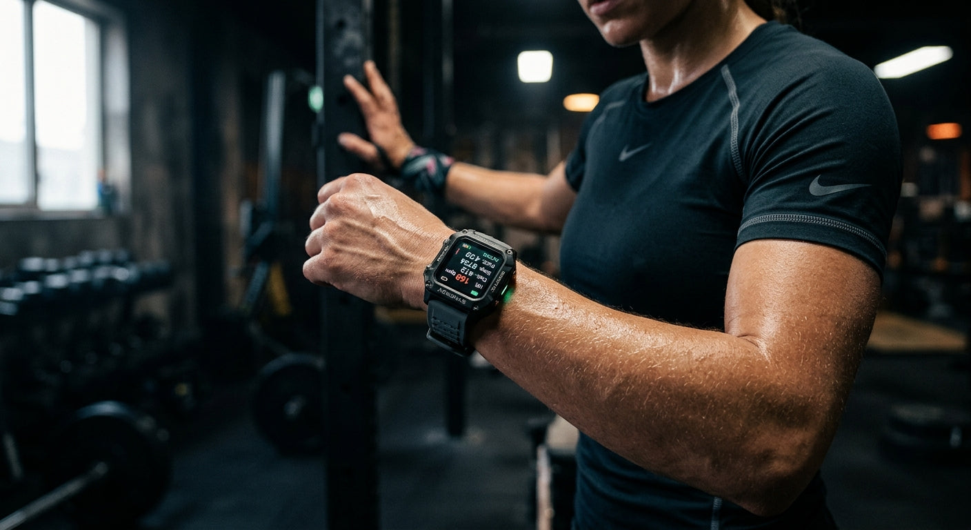 Close-up of a high-tech biometric fitness tracker on an athlete's wrist, showing sharp details and realistic skin texture in a moody, cinematic setting.