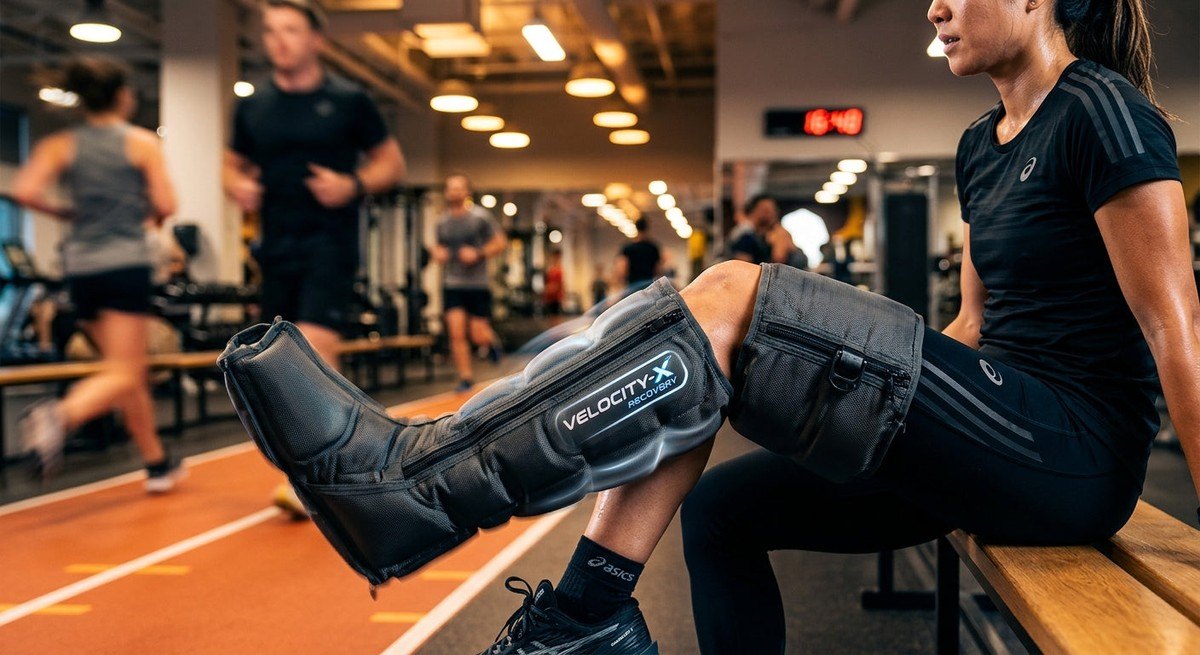 Close-up of a high-tech compression recovery boot inflating around a runner's calf, capturing the texture of the fabric and high-speed motion blur.