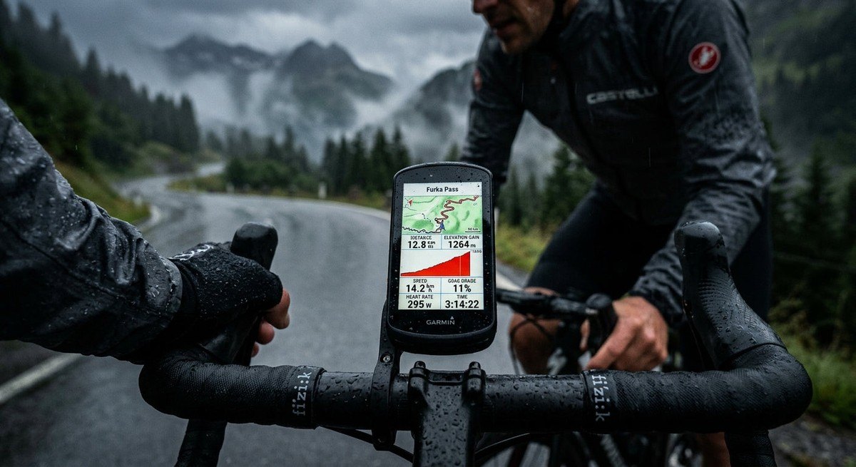 Close-up of a high-tech cycling computer display showing real-time climbing statistics and mapping data on a rainy, moody mountain road.