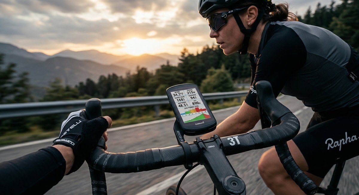 Close up of a high-tech cycling computer mounted on a carbon fibre handlebar showing complex performance data charts