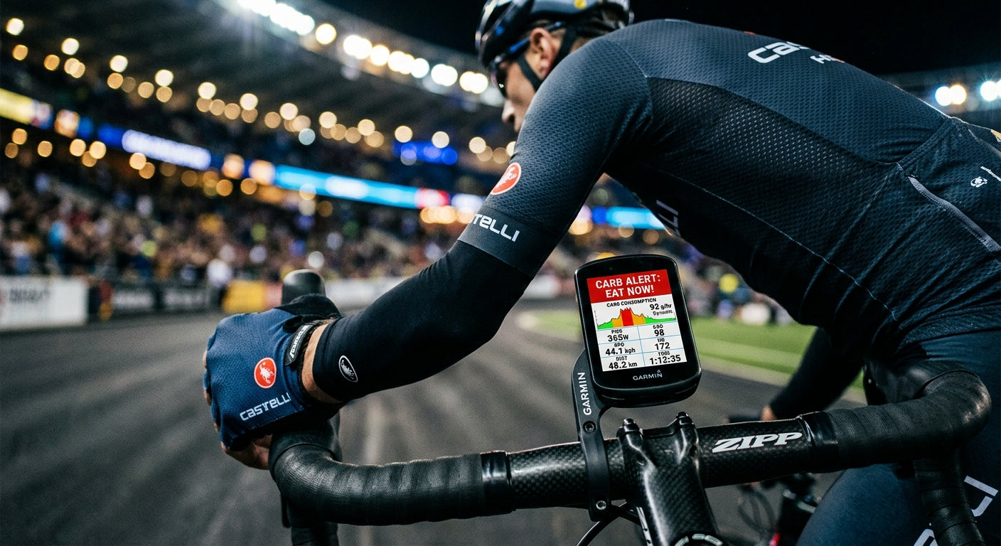 Close-up of a high-tech cycling computer screen showing dynamic carbohydrate consumption alerts against a backdrop of blurred stadium lights.