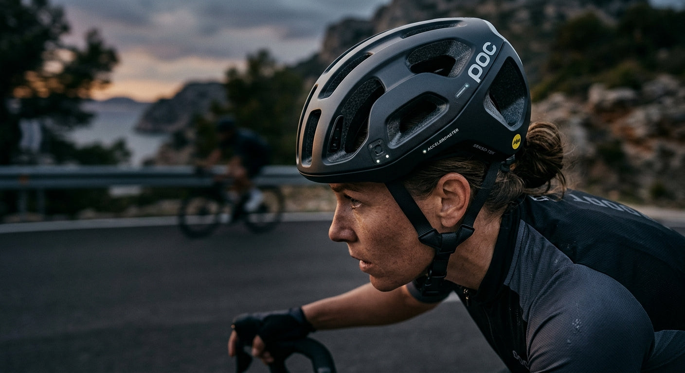 Close-up of a high-tech cycling helmet showing integrated accelerometer sensors and aerodynamic ventilation ports in dramatic cinematic lighting.