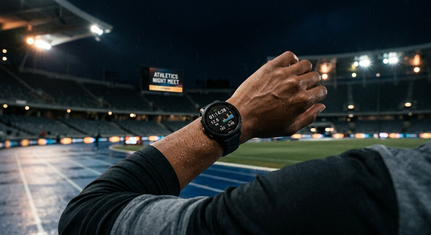 Close-up of a high-tech GPS watch on a runner's wrist with a moody, cinematic background of a stadium at night.