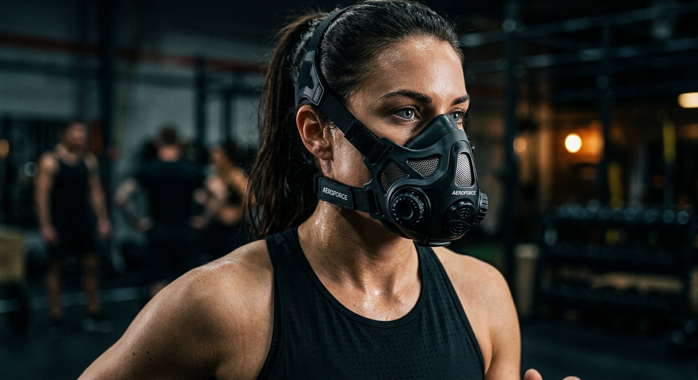 Close-up of a high-tech hypoxic training mask with sharp fine details and realistic textures, set against a cinematic, blurred athletic background.