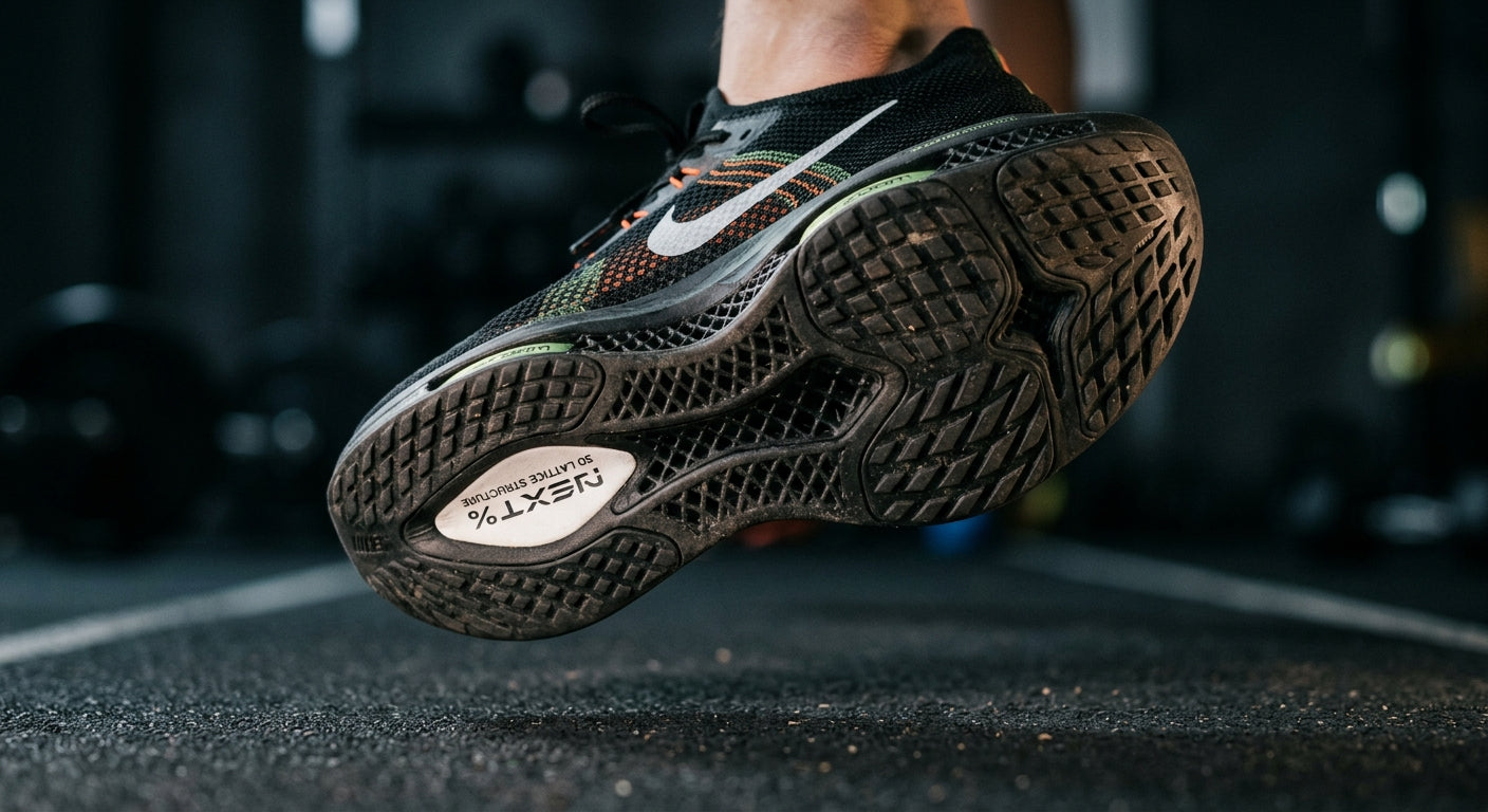 Close-up of a high-tech running shoe sole showing 3D-printed lattice structures and advanced rubber traction patterns in a moody studio setting.