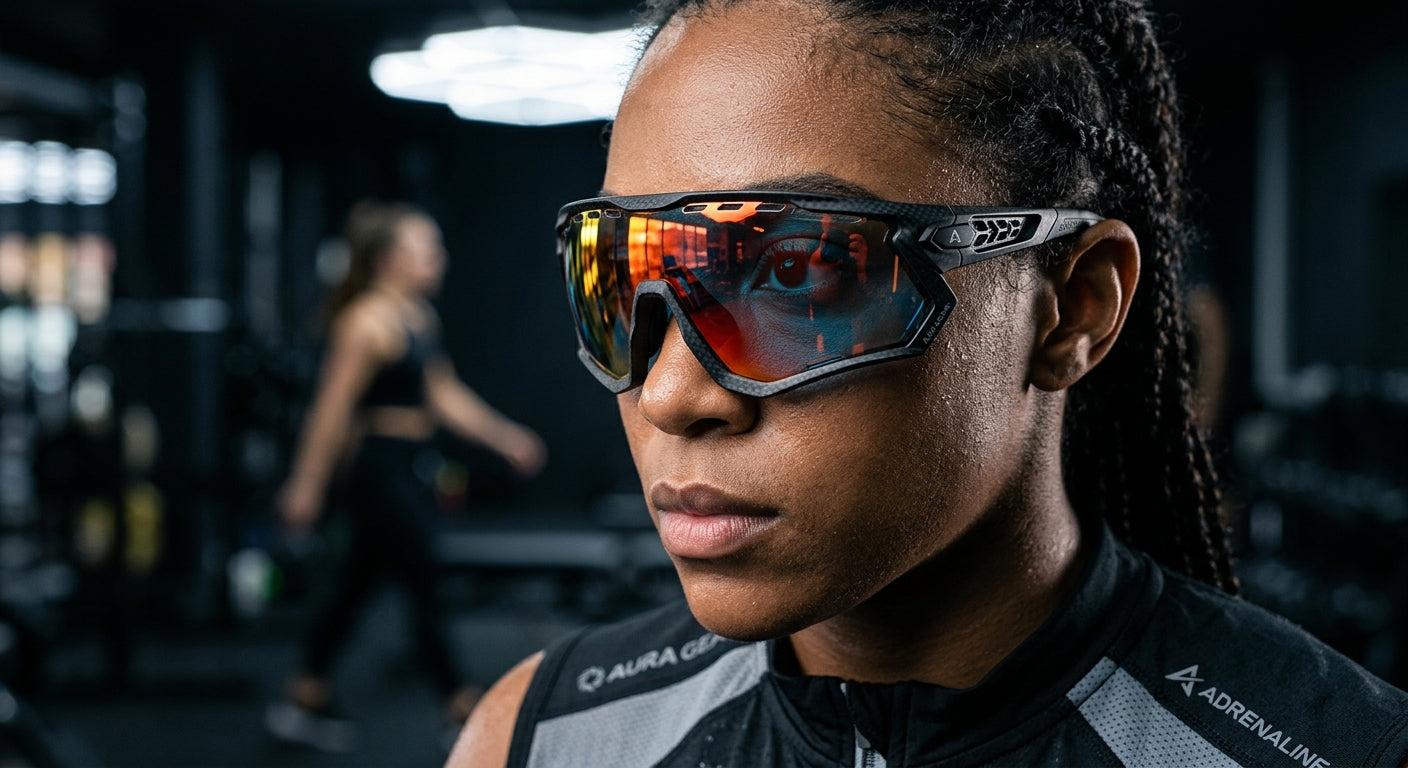 Close-up of a high-tech sports eyewear frame showing the intricate geometry of the ventilation ports and the high-contrast lens finish in a studio setting.