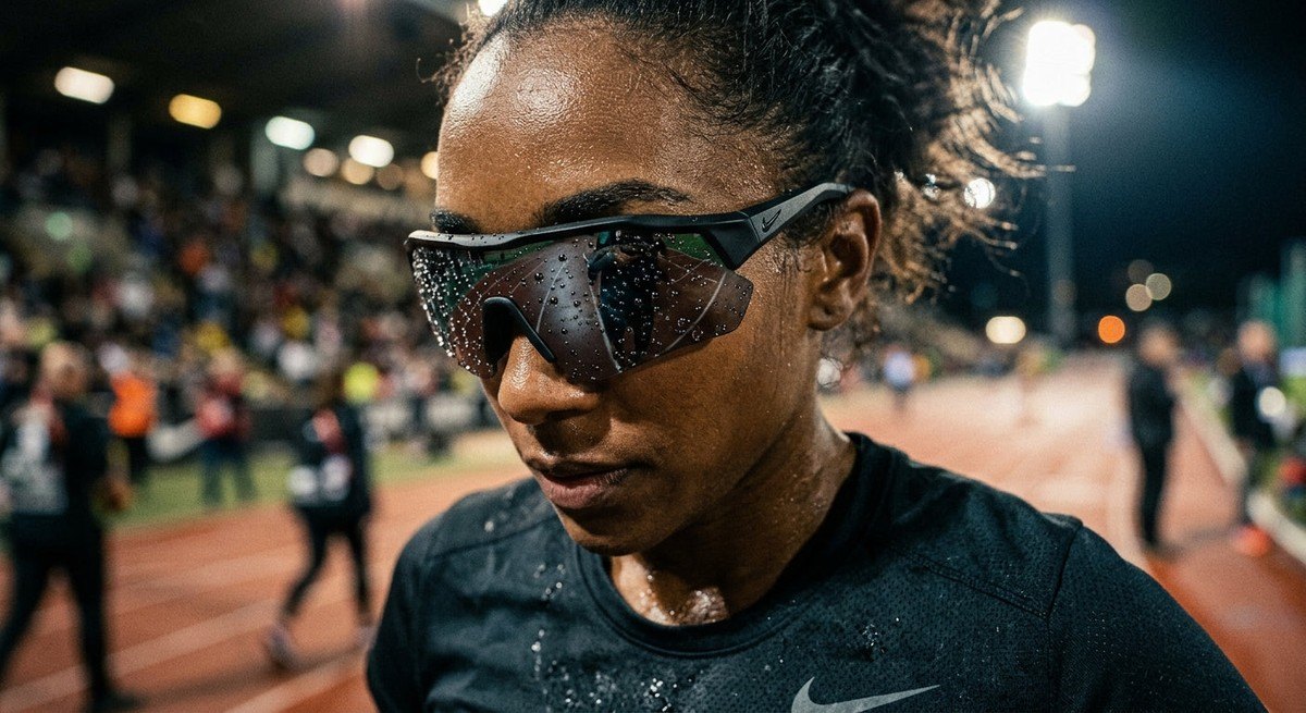 Close-up of a high-tech sports sunglass lens showing hydrophobic water beading effects under studio stadium lighting.