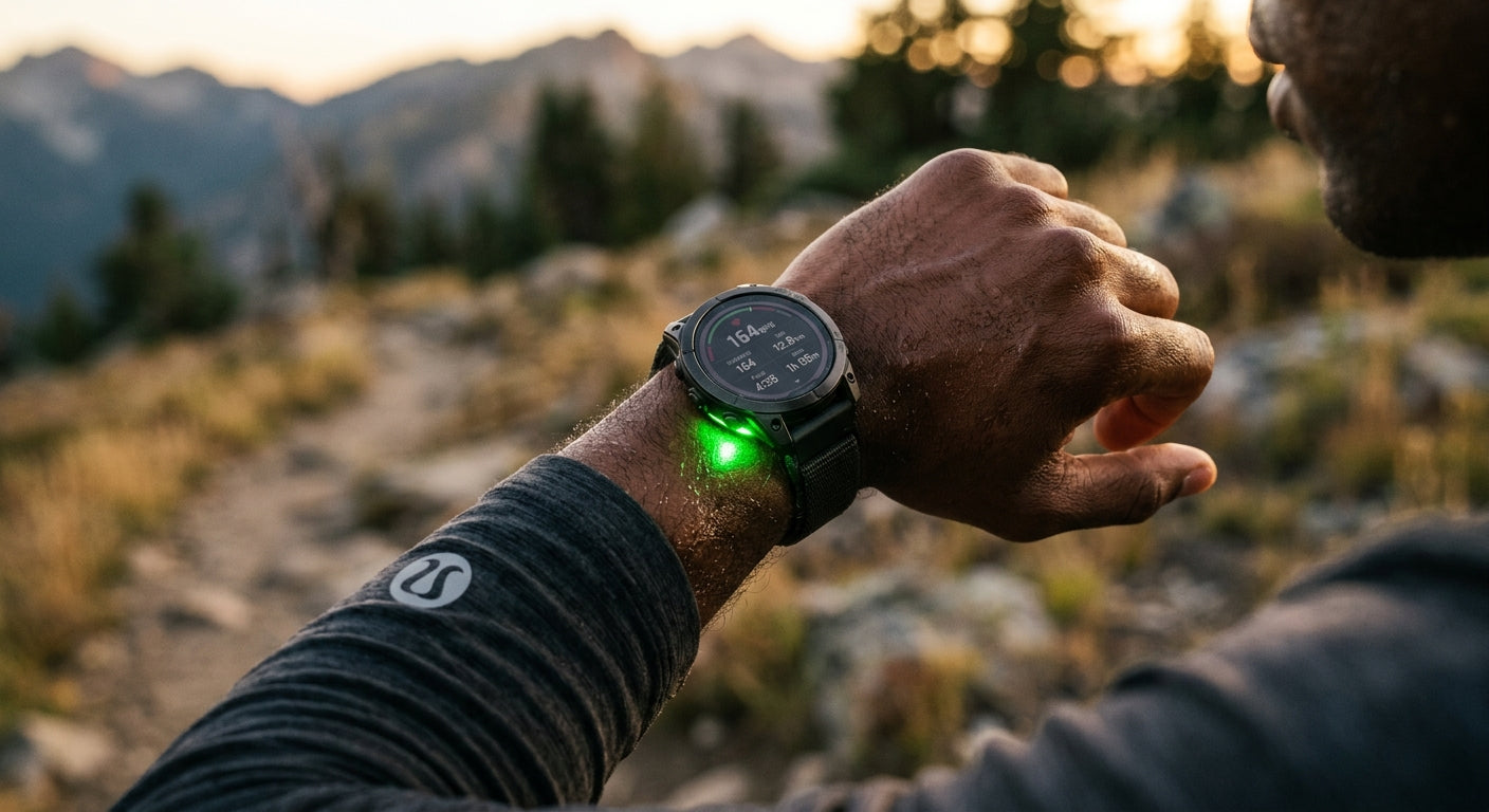 Close-up of a high-tech sports watch sensor glowing green against a runner's wrist in cinematic lighting.
