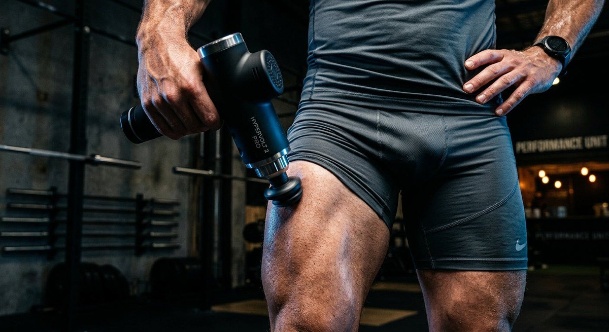Close-up of a Hypervolt 2 Pro massage gun against a textured muscle background with cinematic stadium lighting reflecting off the device.
