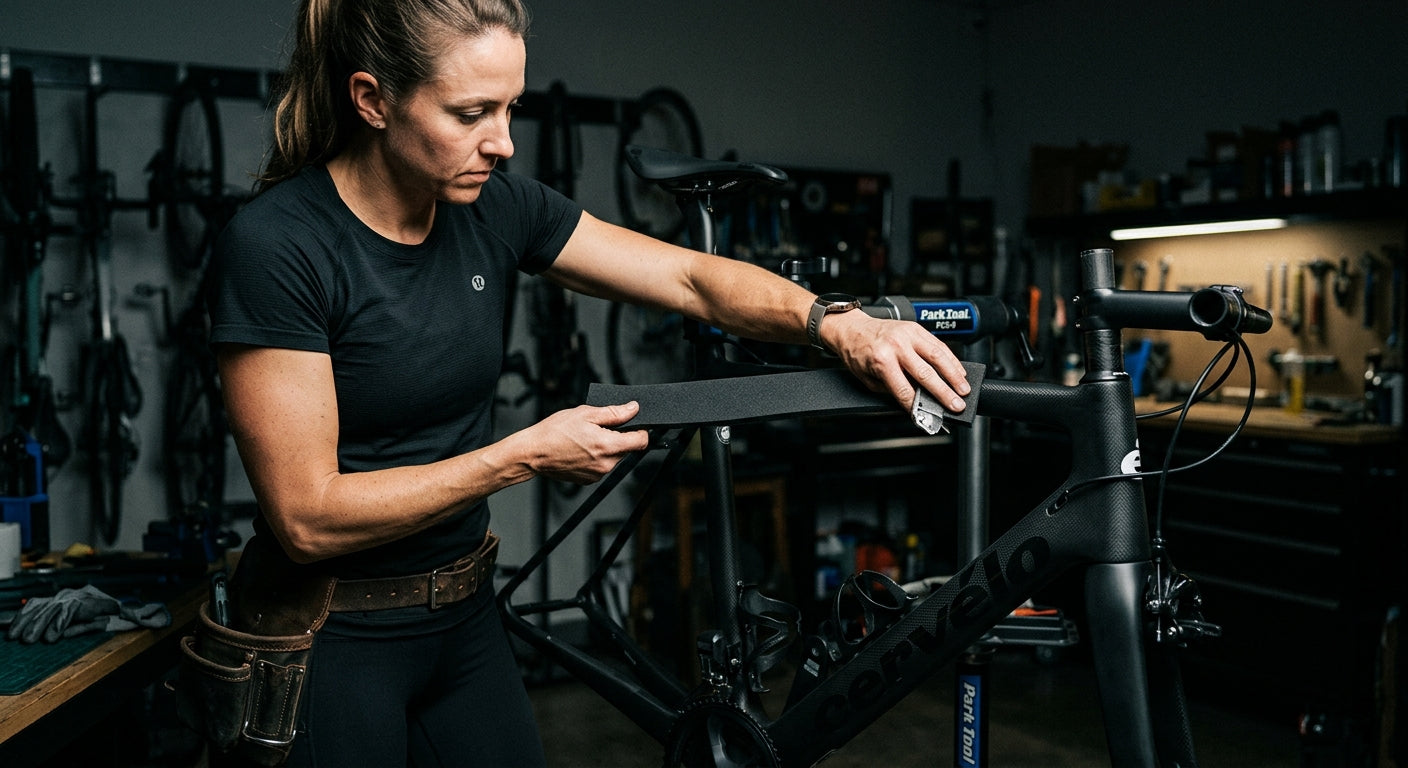 Close-up of a mechanic applying protective foam padding to a carbon fibre road bike frame in a dimly lit, moody studio