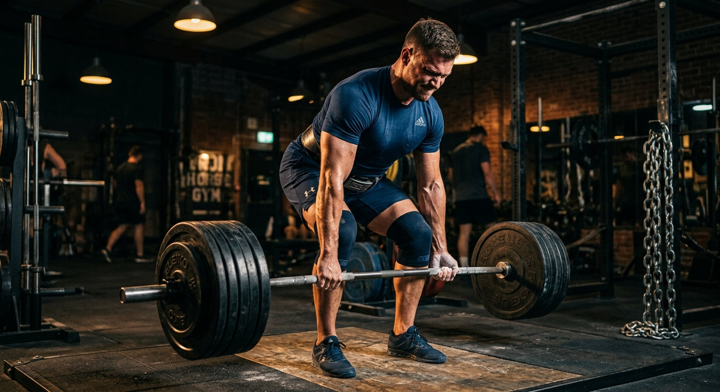 Close-up of a muscular athlete lifting heavy weights in a dimly lit, moody gym environment.