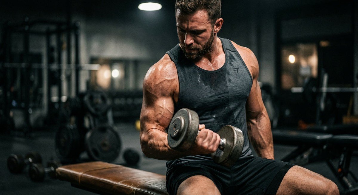 Close-up of a muscular individual training in a gym setting with moody, high-contrast cinematic lighting.