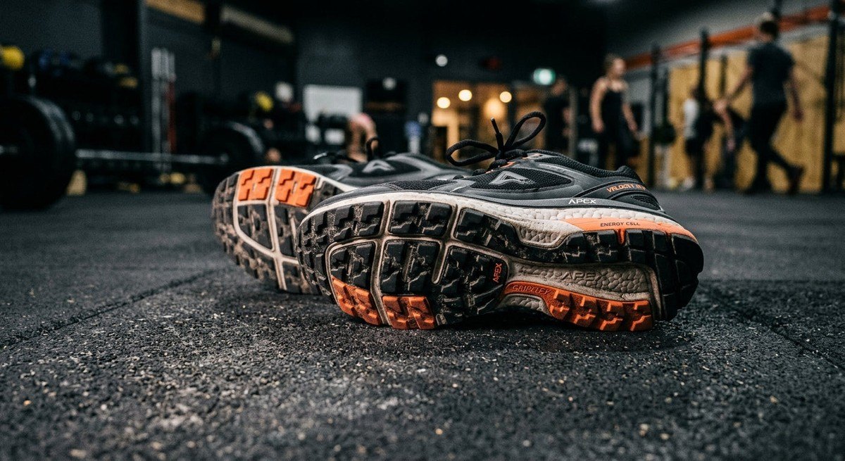 Close-up of a pair of high-performance athletic trainers on a rubberised gym floor, highlighting the contrast between grip and cushioning texture.