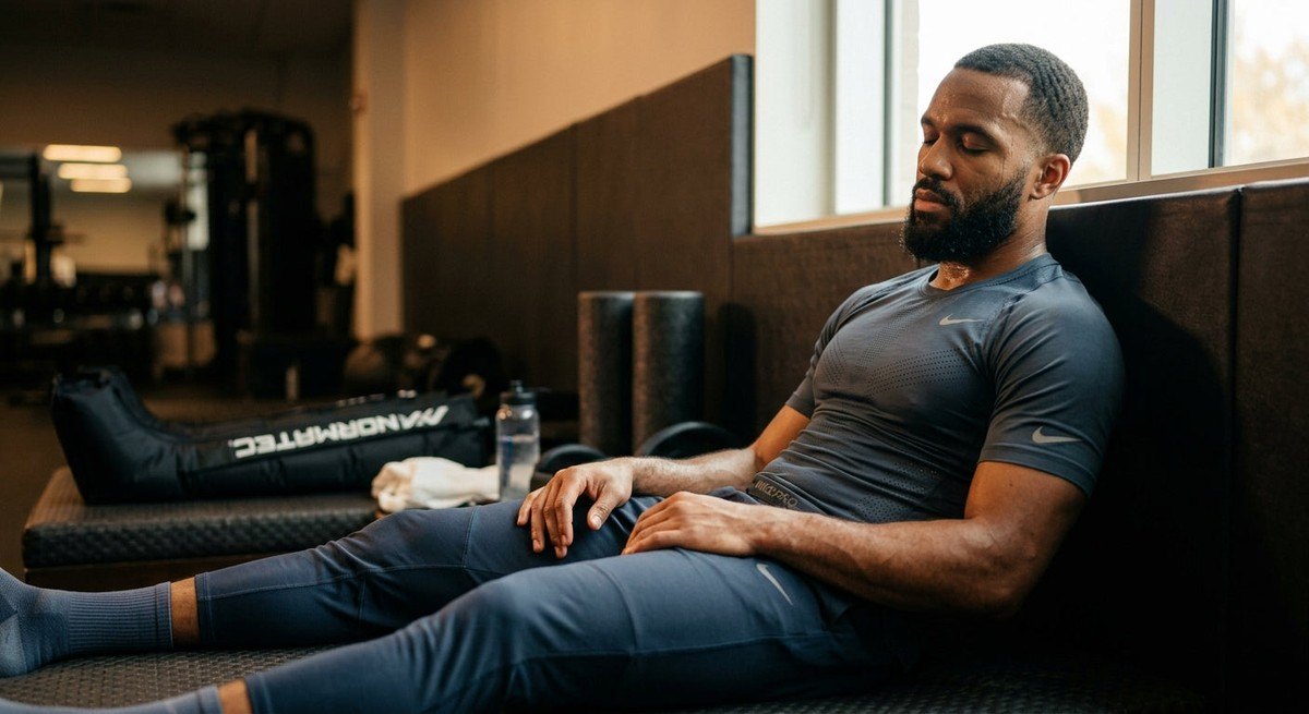 Close-up of a professional athlete resting, illuminated by soft, cinematic light to symbolise deep CNS recovery and restoration.