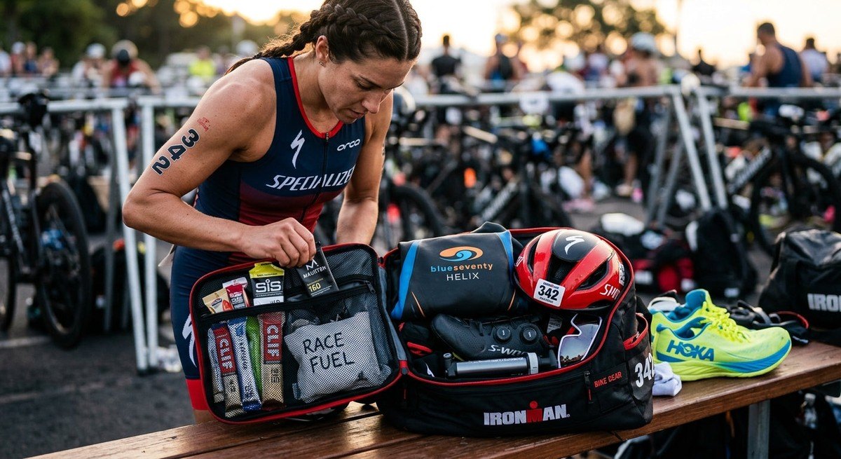 Close-up of a professional athlete's transition bag being organised with precision gear and nutrition for an Ironman race.