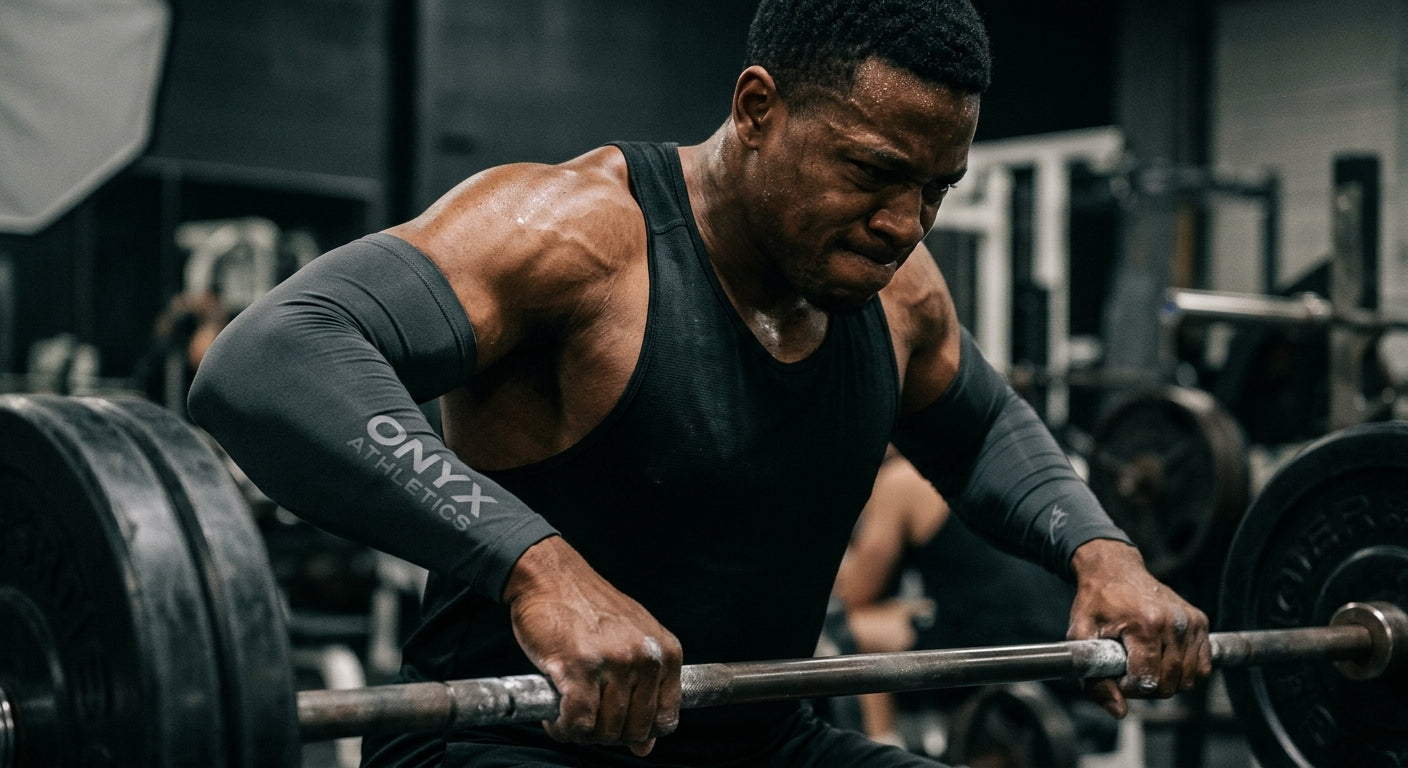 Close-up of a professional athlete wearing supportive compression sleeves while lifting heavy weights, highlighting muscle texture and intensity.