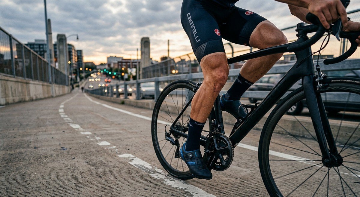 Close-up of a professional cyclist's legs powering through a high-torque, low-cadence training interval on a flat urban bridge.
