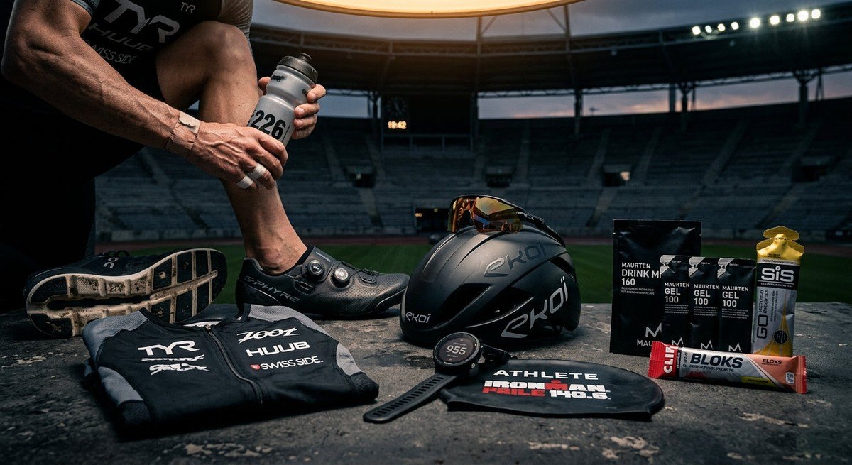 Close-up of a professional triathlete's athletic gear and nutritional supplements set against a moody, high-contrast stadium background